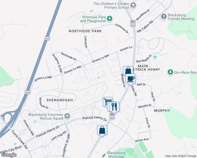 map of restaurants, bars, coffee shops, grocery stores, and more near 301 Givens Lane in Blacksburg