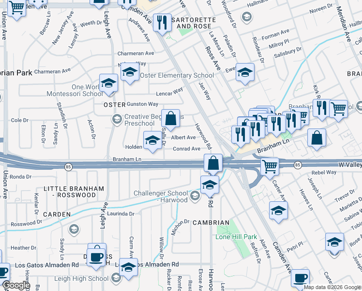 map of restaurants, bars, coffee shops, grocery stores, and more near 1787 Conrad Avenue in San Jose