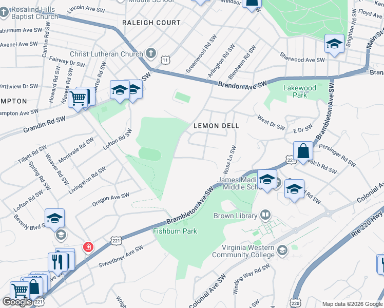 map of restaurants, bars, coffee shops, grocery stores, and more near 1711 Wilbur Road Southwest in Roanoke