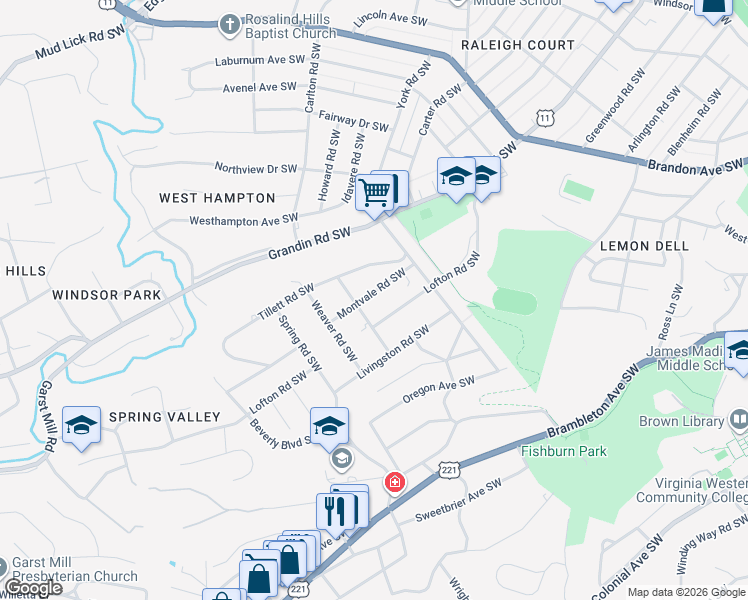 map of restaurants, bars, coffee shops, grocery stores, and more near 2452 Montvale Road Southwest in Roanoke