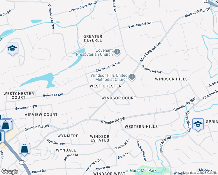 map of restaurants, bars, coffee shops, grocery stores, and more near 1936 Aberdeen Avenue Southwest in Roanoke