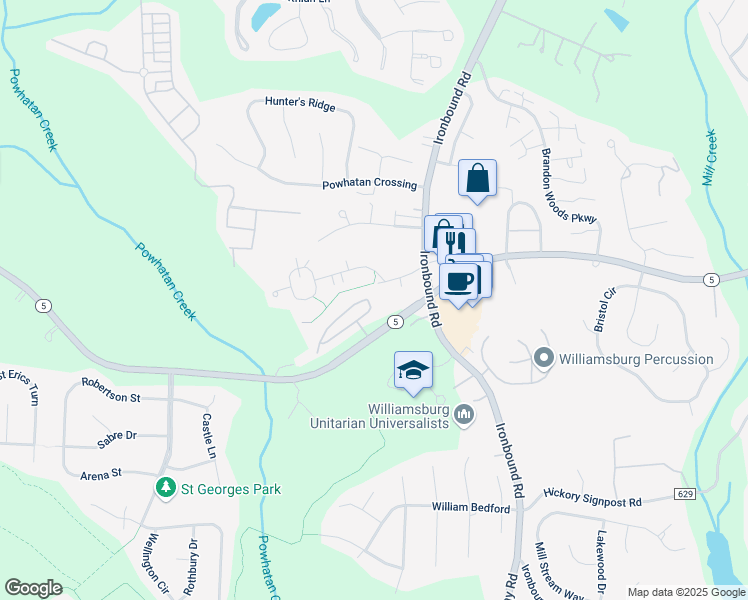 map of restaurants, bars, coffee shops, grocery stores, and more near 1304 Prosperity Court in Williamsburg