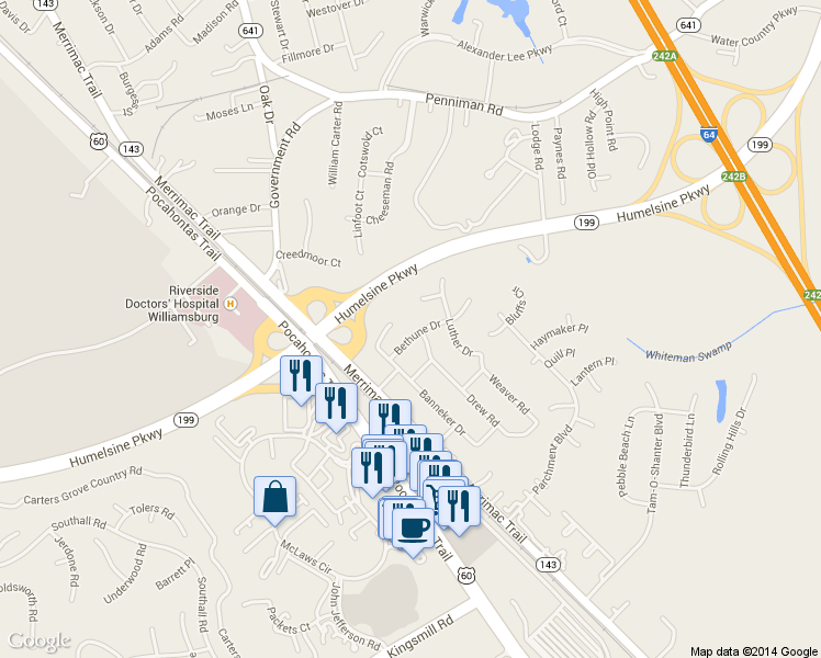 map of restaurants, bars, coffee shops, grocery stores, and more near 106 Bethune Drive in Williamsburg
