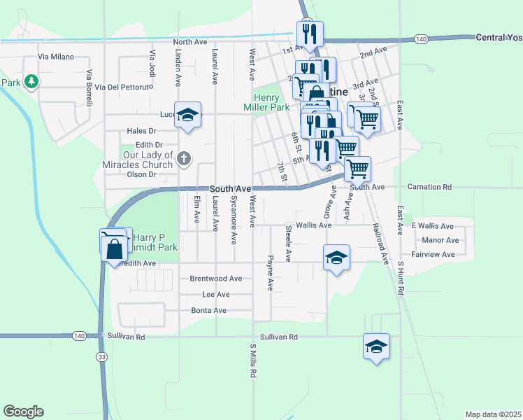 map of restaurants, bars, coffee shops, grocery stores, and more near 657 West Avenue in Gustine