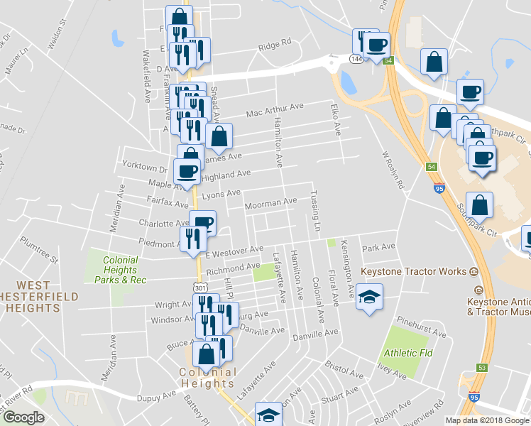 map of restaurants, bars, coffee shops, grocery stores, and more near 400 Joe Johnson Avenue in Colonial Heights