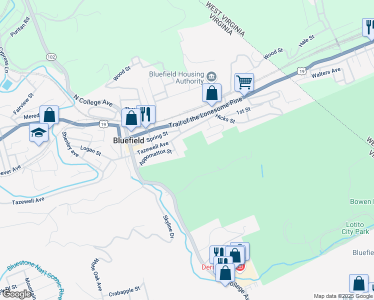 map of restaurants, bars, coffee shops, grocery stores, and more near 109 Blake Street in Bluefield