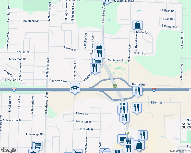 map of restaurants, bars, coffee shops, grocery stores, and more near 3050 North Kentwood Avenue in Springfield