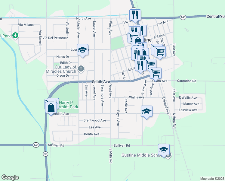 map of restaurants, bars, coffee shops, grocery stores, and more near 657 West Avenue in Gustine