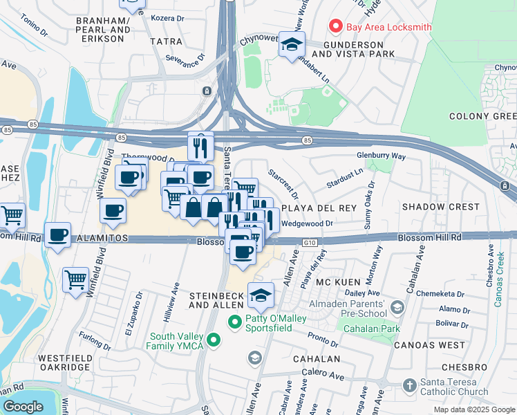 map of restaurants, bars, coffee shops, grocery stores, and more near 5498 Thornwood Drive in San Jose