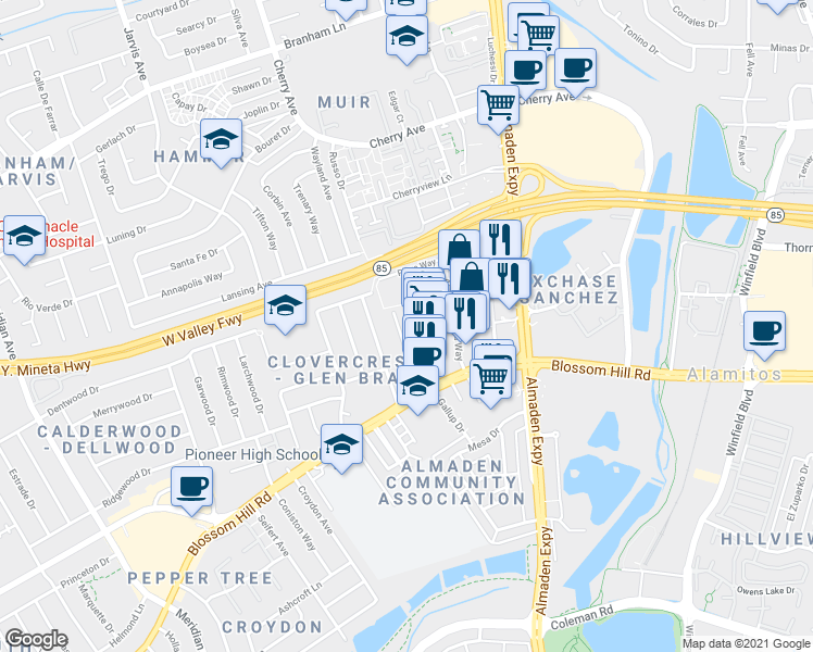 map of restaurants, bars, coffee shops, grocery stores, and more near 5301 Almaden Expressway in San Jose