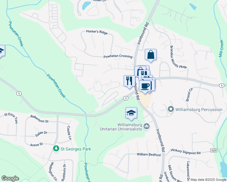 map of restaurants, bars, coffee shops, grocery stores, and more near 4317 Creek View East in Williamsburg