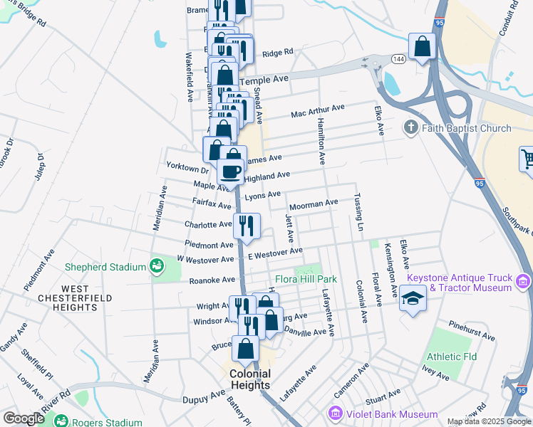 map of restaurants, bars, coffee shops, grocery stores, and more near 210 Moorman Avenue in Colonial Heights