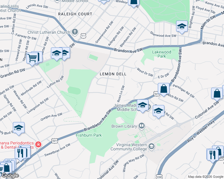 map of restaurants, bars, coffee shops, grocery stores, and more near 1611 Wilbur Rd SW in Roanoke