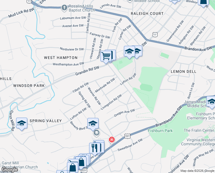 map of restaurants, bars, coffee shops, grocery stores, and more near 2422 Montvale Rd SW in Roanoke
