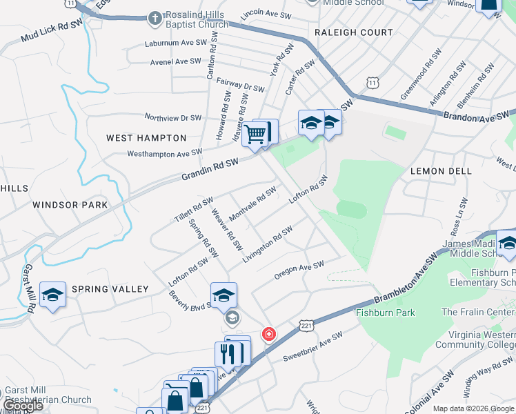 map of restaurants, bars, coffee shops, grocery stores, and more near 2422 Montvale Rd SW in Roanoke