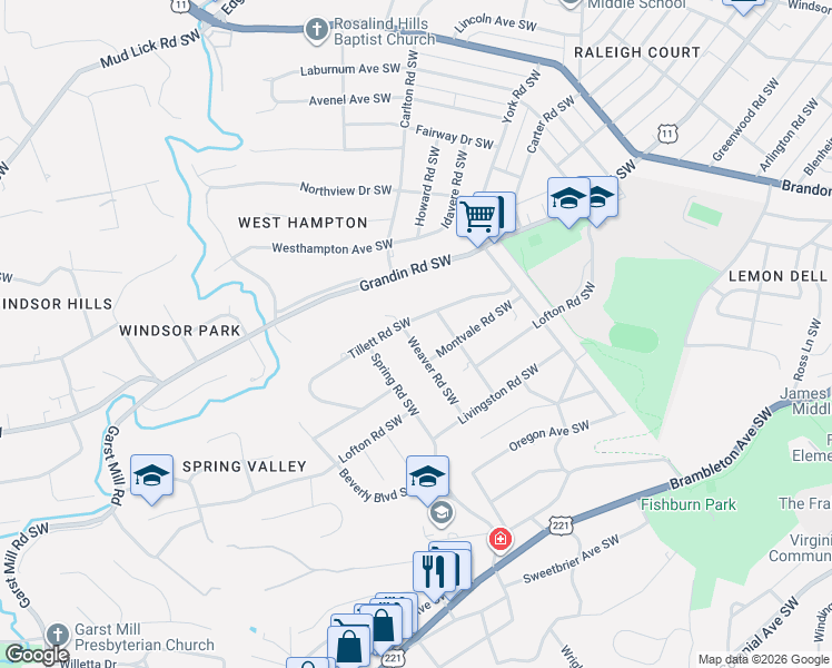 map of restaurants, bars, coffee shops, grocery stores, and more near 2514 Tillett Road Southwest in Roanoke