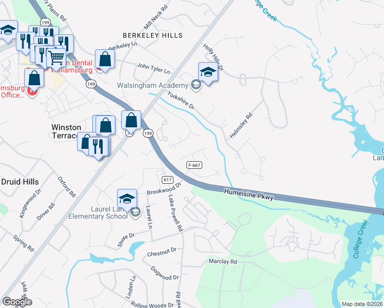 map of restaurants, bars, coffee shops, grocery stores, and more near 141 Exmoor Court in Williamsburg