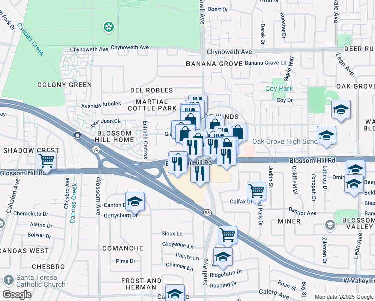 map of restaurants, bars, coffee shops, grocery stores, and more near 461 Blossom Hill Road in San Jose