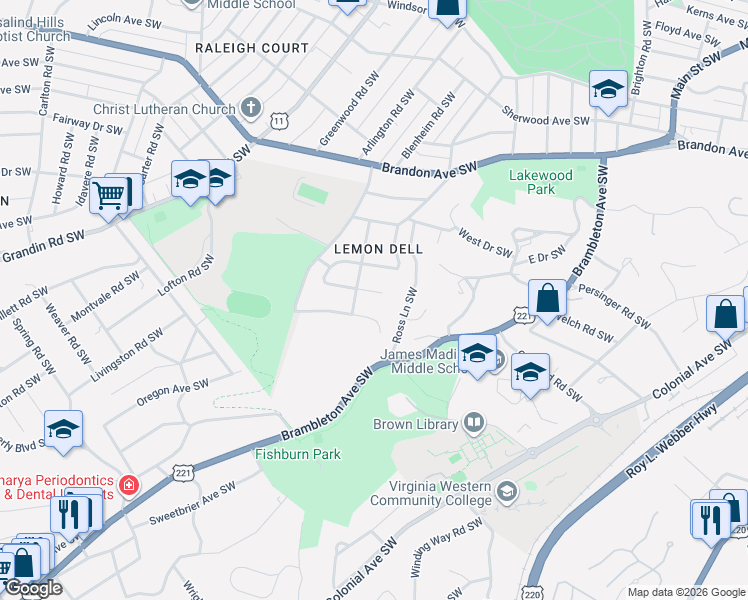 map of restaurants, bars, coffee shops, grocery stores, and more near 1611 Wilbur Rd SW in Roanoke