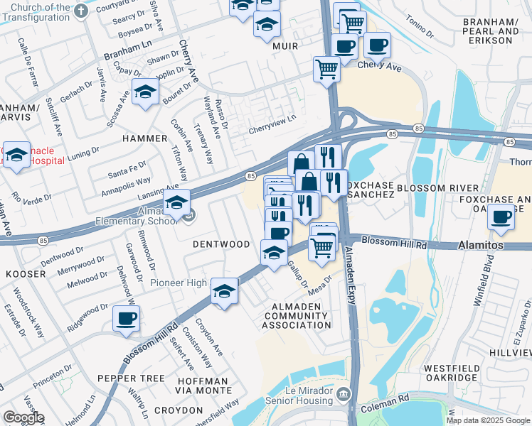 map of restaurants, bars, coffee shops, grocery stores, and more near 5412 Russo Drive in San Jose