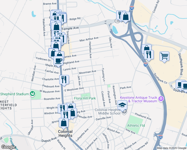 map of restaurants, bars, coffee shops, grocery stores, and more near 420 Moorman Avenue in Colonial Heights