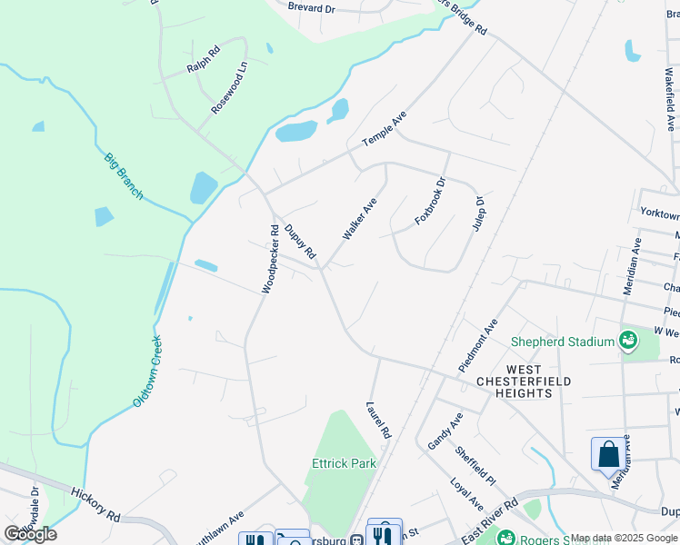map of restaurants, bars, coffee shops, grocery stores, and more near 19709 Walker Avenue in Ettrick