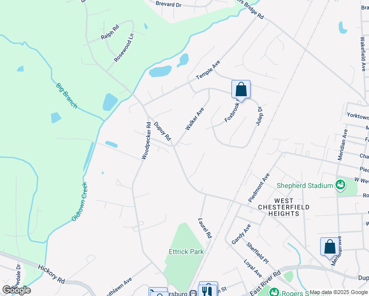 map of restaurants, bars, coffee shops, grocery stores, and more near 19709 Walker Avenue in Ettrick