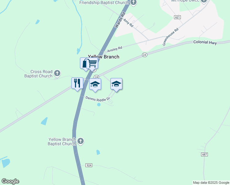 map of restaurants, bars, coffee shops, grocery stores, and more near 194 Dennis Riddle Drive in Rustburg
