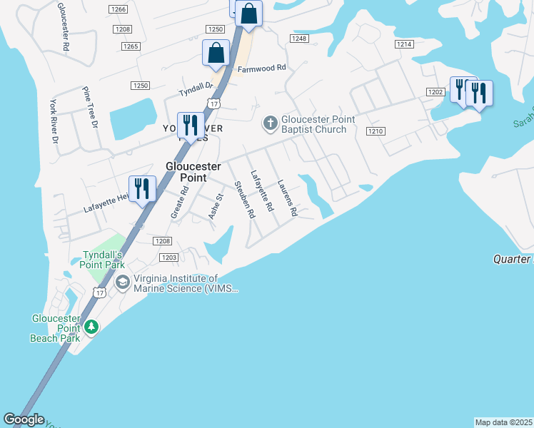 map of restaurants, bars, coffee shops, grocery stores, and more near 1466 Lafayette Road in Gloucester Point
