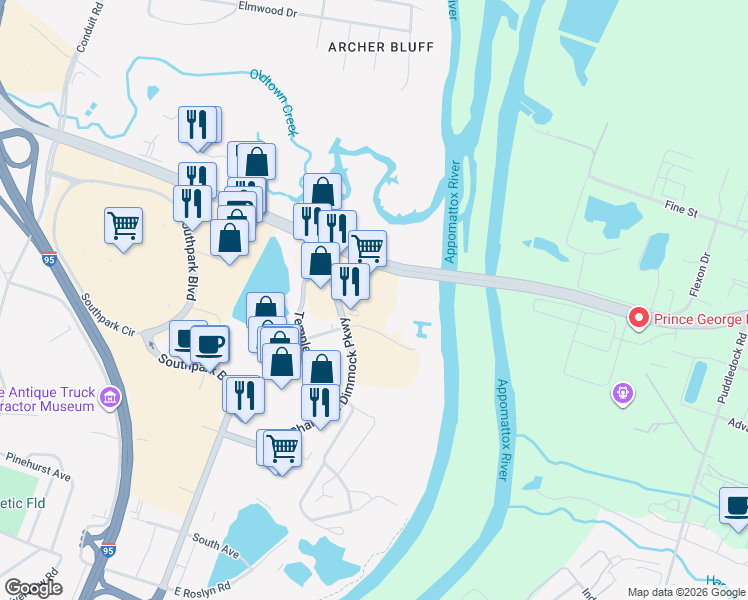 map of restaurants, bars, coffee shops, grocery stores, and more near 1260 Temple Avenue in Colonial Heights