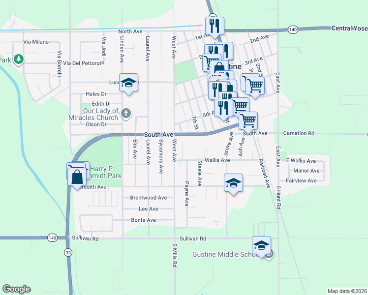 map of restaurants, bars, coffee shops, grocery stores, and more near 780 South Avenue in Gustine