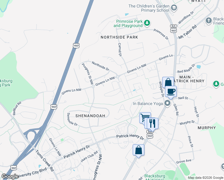 map of restaurants, bars, coffee shops, grocery stores, and more near Ferrum Cir in Blacksburg