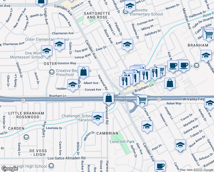 map of restaurants, bars, coffee shops, grocery stores, and more near 4722 Harwood Road in San Jose