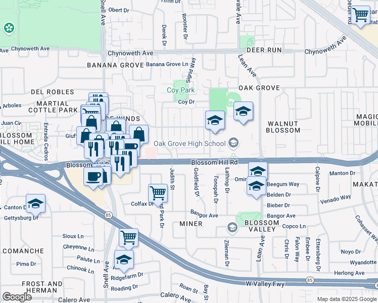 map of restaurants, bars, coffee shops, grocery stores, and more near 5560 Spinnaker Drive in San Jose