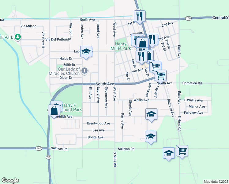 map of restaurants, bars, coffee shops, grocery stores, and more near 657 West Avenue in Gustine