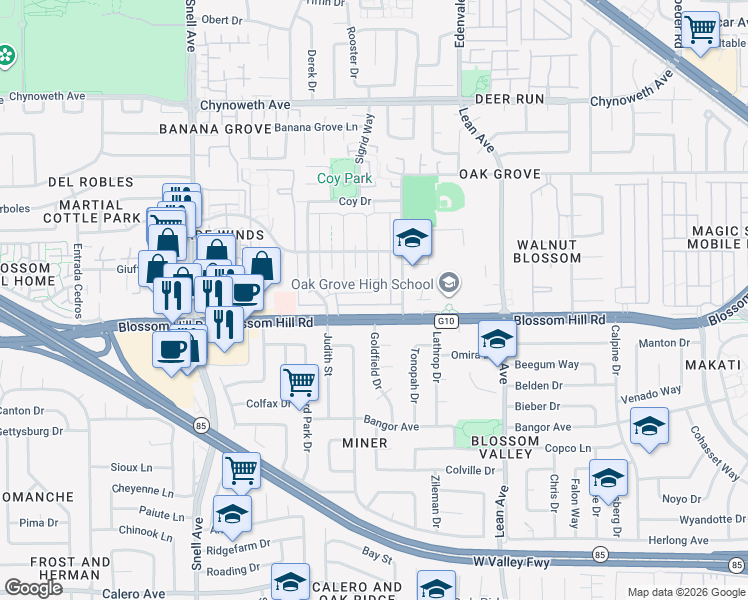 map of restaurants, bars, coffee shops, grocery stores, and more near 5532 Spinnaker Drive in San Jose
