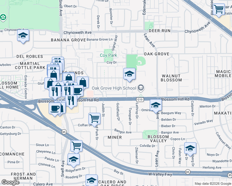 map of restaurants, bars, coffee shops, grocery stores, and more near 5565 Spinnaker Drive in San Jose
