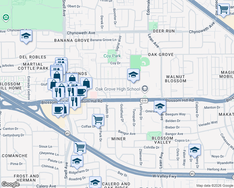 map of restaurants, bars, coffee shops, grocery stores, and more near 5565 Spinnaker Drive in San Jose
