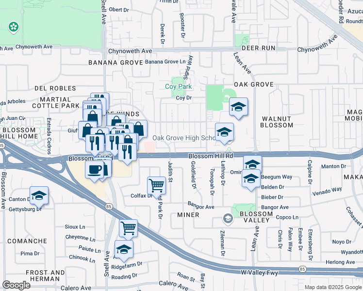 map of restaurants, bars, coffee shops, grocery stores, and more near 5565 Spinnaker Drive in San Jose