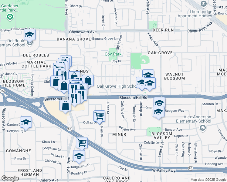 map of restaurants, bars, coffee shops, grocery stores, and more near 5565 Spinnaker Drive in San Jose