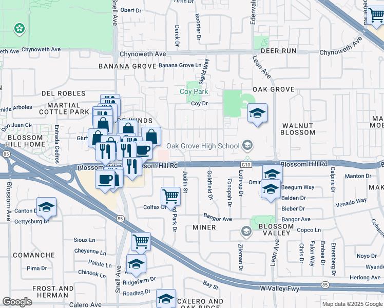 map of restaurants, bars, coffee shops, grocery stores, and more near 5565 Spinnaker Drive in San Jose