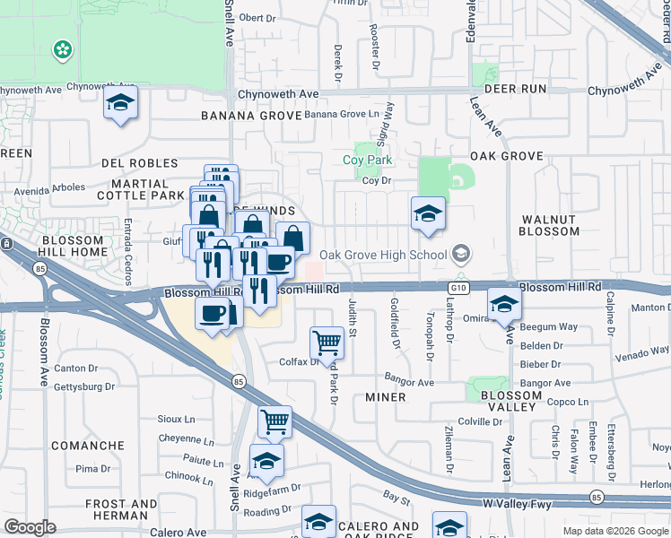 map of restaurants, bars, coffee shops, grocery stores, and more near 5572 Judith Street in San Jose