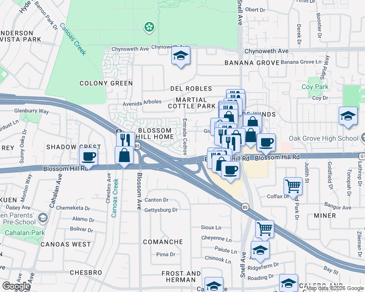 map of restaurants, bars, coffee shops, grocery stores, and more near 5555 Entrada Cedros in San Jose