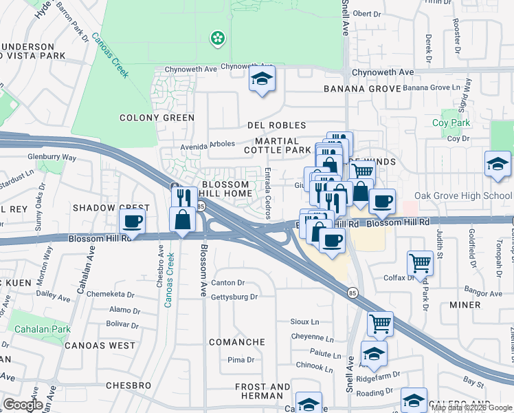 map of restaurants, bars, coffee shops, grocery stores, and more near 5555 Entrada Cedros in San Jose