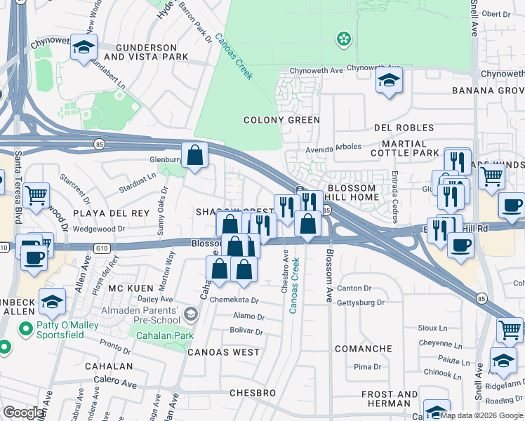 map of restaurants, bars, coffee shops, grocery stores, and more near 5520 Maplecrest Court in San Jose