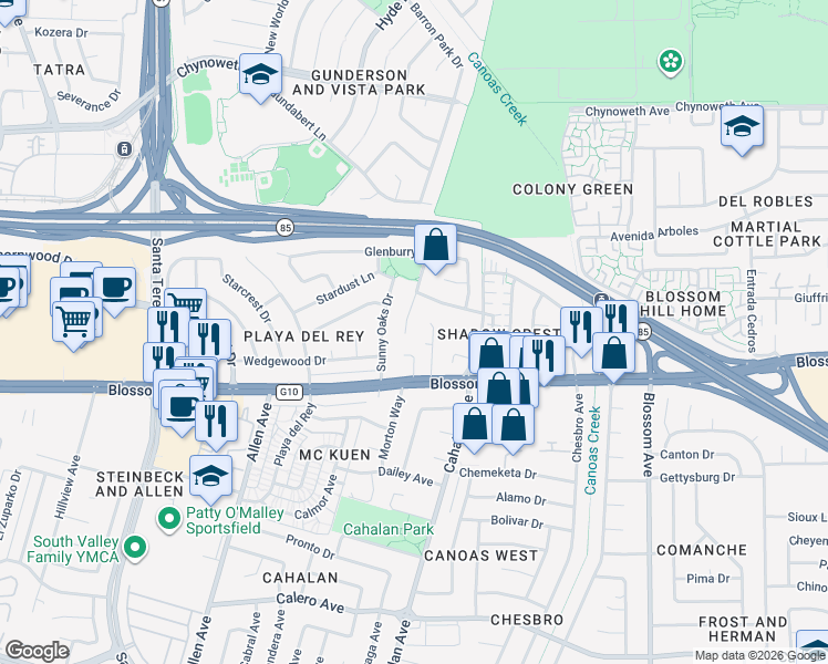 map of restaurants, bars, coffee shops, grocery stores, and more near 5565 Dunsburry Court in San Jose
