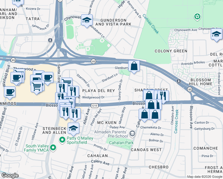 map of restaurants, bars, coffee shops, grocery stores, and more near 764 Regent Park Drive in San Jose