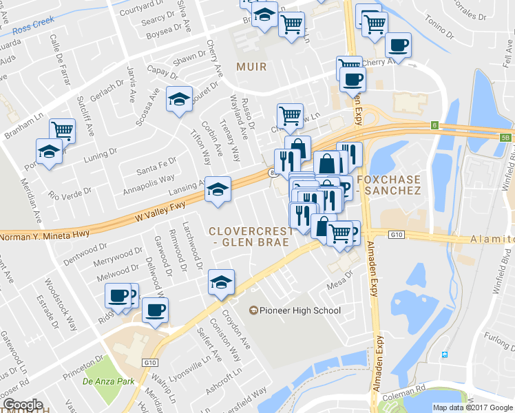 map of restaurants, bars, coffee shops, grocery stores, and more near 5316 Escover Lane in San Jose