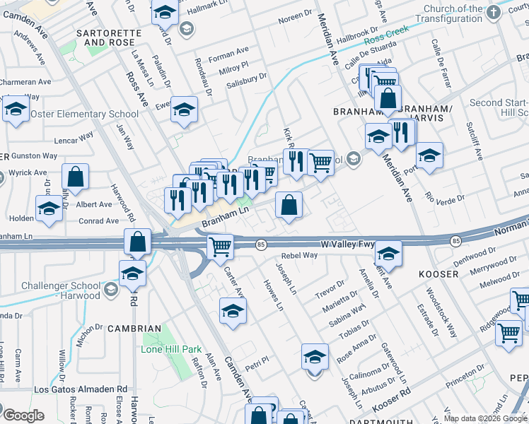 map of restaurants, bars, coffee shops, grocery stores, and more near 4804 Pine Forest Place in San Jose