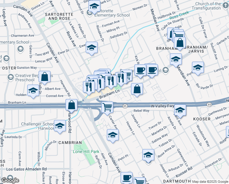 map of restaurants, bars, coffee shops, grocery stores, and more near in San Jose